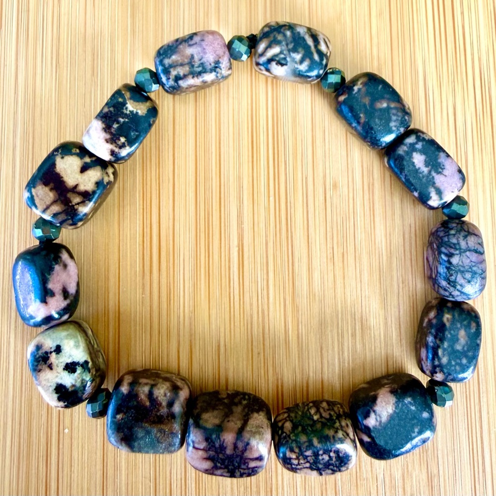 Rhodonite Tumble and Faceted Pyrite Beaded Stretch Bracelet